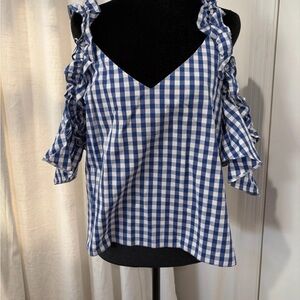 Topshop Blue and White Gingham Cold-Shoulder Ruffle Blouse